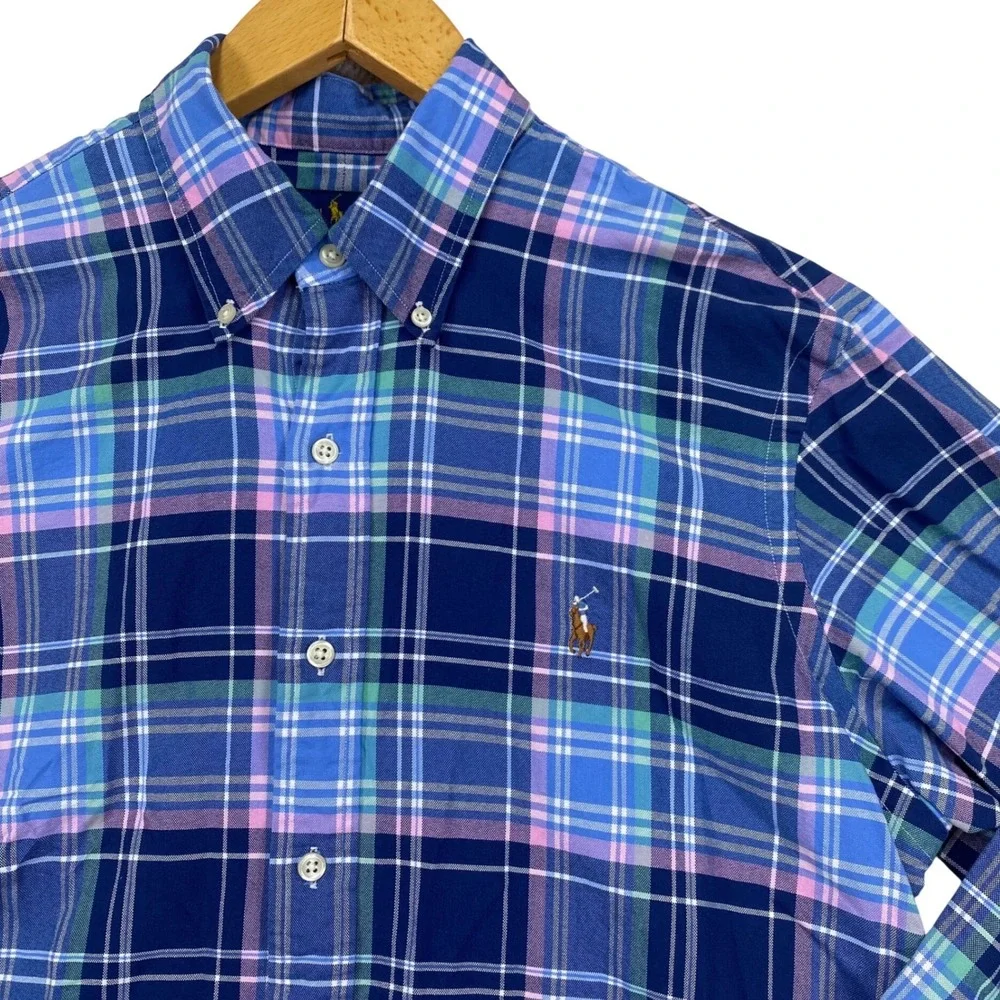 Polo Ralph Lauren Button Down Mens M Blue Pink Green Plaid Oxford Shirt Pony